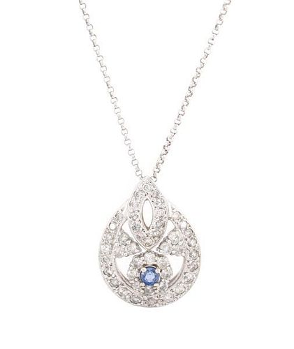 Ladies 14k White Gold, Diamond & Sapphire Necklace
