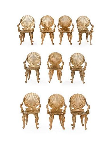 Set of Ten Italian Carved Grotto Chairs in Gold