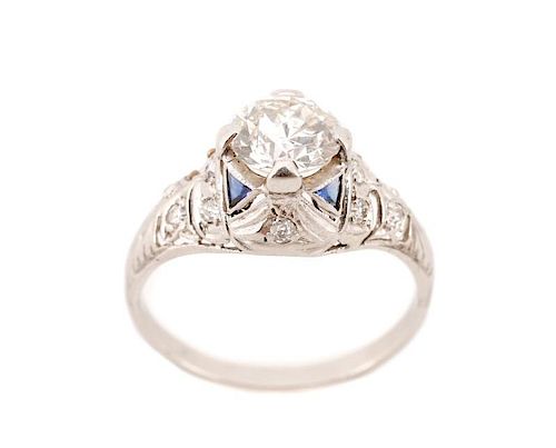 Ladies Art Deco Platinum, Diamond, & Sapphire Ring