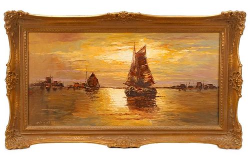 Continental, "Ships At Sunrise", Oil On Canvas