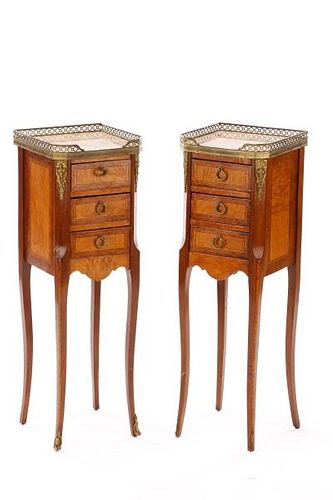 Pair of French Petite Marble Top Bedside Commodes