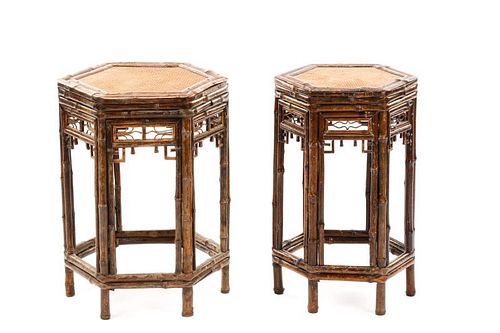 Pair, Chinese Bamboo Hexagonal Nesting Tables