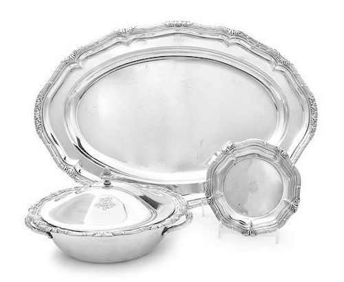 A Danish Silver Meat Platter, Entree Dish and Cover and Small Dish, Anton Michelsen, Copenhagen, 1917-22, all with ribbon-bound