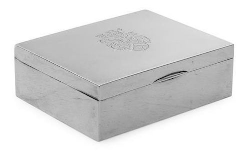 A Danish Silver Cigarette Box, Anton Michelsen, Copenhagen, 1919, rectangular, the hinged cover engraved with contemporary arms,
