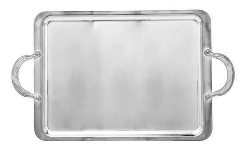 A French Silver-Plate Tray, Christofle, Paris, Late 20th Century, rectangular with reeded loops handles, with original box