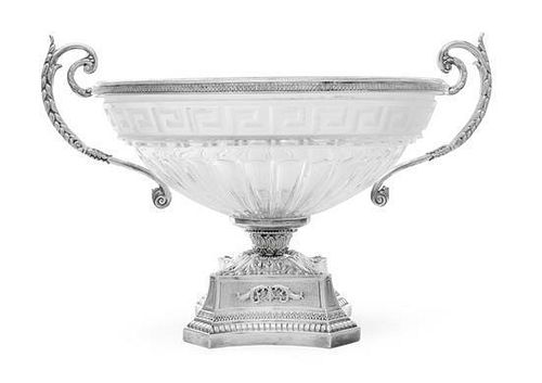 An Italian Silver-Mounted Glass Centerpiece Bowl, Florence, 4th Quarter 20th Century, the glass bowl with lobed lower body below