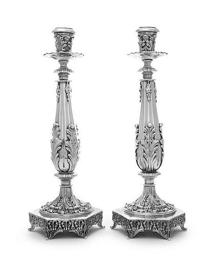 A Pair of Italian Silver Candlesticks, Milan, Second Half 20th Century, the baluster form stems with applied acanthus leaves and