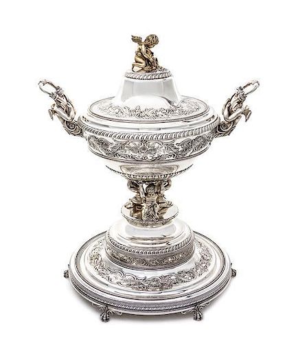 A Portuguese Silver Soup Tureen, Cover and Stand, Maker's Mark OC, Oporto, 20th Century, the circular tureen with gadrooned lowe