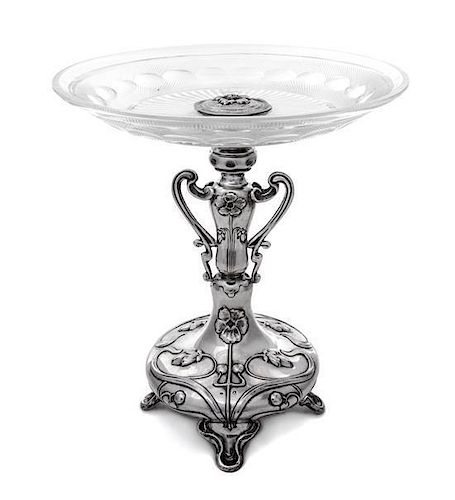 An Austrian Silver and Glass Compote, Theodore Klein, Vienna, Early 20th Century, the domed circular base raised on four bracket