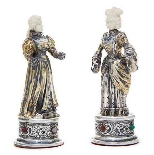 A Pair of German Parcel-Gilt Silver Figures of Ladies, IF & Son, Late 19th Century, formed as ladies in 17th and 18th century co
