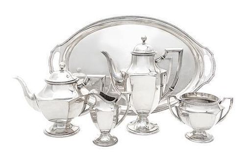 A German Silver Four-Piece Tea and Coffee Set and Matching Tray, Koch & Bergfeld, Bremen, Early 20th Century, comprising a teapo