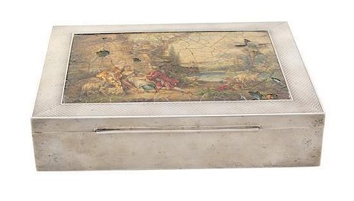 A Silver and Paper Mache Humidor, Probably German, Early 20th Century, rectangular with engine-turned sides, the conforming hing