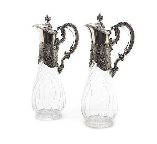 A Pair of German Silver-Mounted Cut-Glass Claret Jugs, Koch & Bergfeld, Bremen, Late 19th Century, the baluster glass body with
