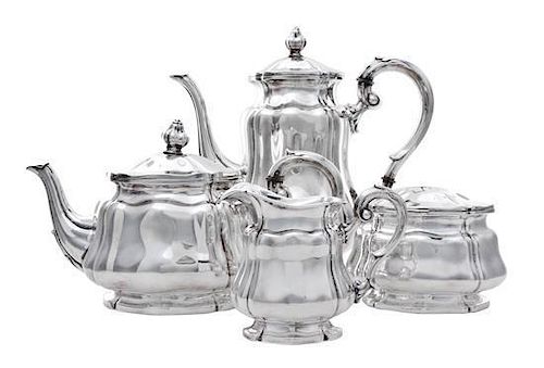 A German Silver Four-Piece Tea and Coffee Set, Gebruder Deyhle, Schwabisch Gmund, 19th Century, comprising a teapot, coffee pot,