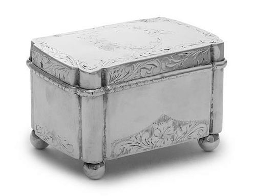 A Continental Silver Sugar Box, Late 19th/Early 20th Century, rectangular with shaped corners, raised on four ball feet, the hin