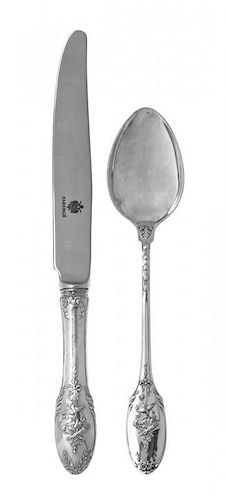 A Russian Silver Part Flatware Service, Faberge, 20th Century, Opera Russe pattern, comprising 5 dinner knives 6 tablespoons