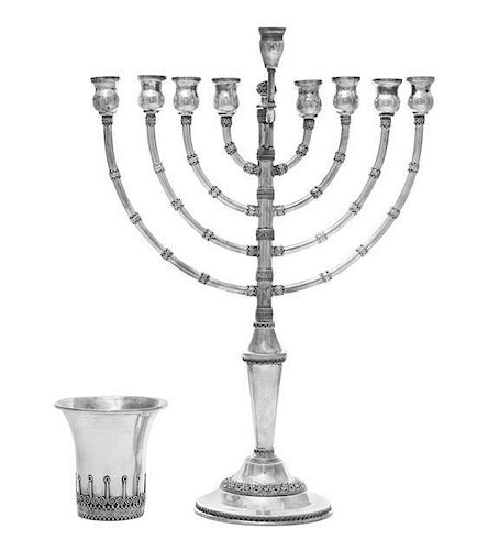 An Israeli Hanukkah Lamp and Similar Kiddush Cup, 2nd Half 20th Century, the lamp on a domed circular base applied with bands of
