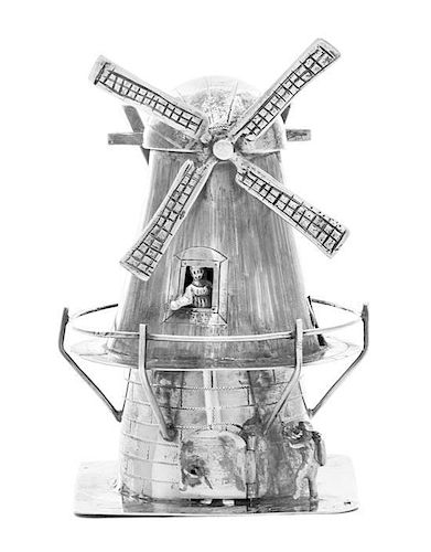 A Continental Silver Windmill Spice Tower, 19th Century and Later, in the form of a windmill on a square base, with a figure of