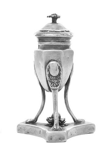 An Austrian Silver Spice Container, Vienna, 1826, in the form of a Grecian perfume burner, the central hexagonal urn with flower