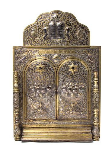 An Israeli Damascene Torah Ark, Mid 20th Century, rectangular with arched top, the front with steps below two arched doors decor