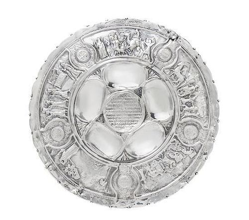 An Israeli Silver-Plate Seder Plate, Attributed to Bezalel, Mid 20th Century, designed by Ze'ev Raban, shaped circular, the bord