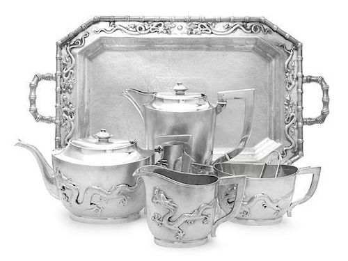 A Chinese Export Silver Four-Piece Tea and Coffee Set and Matching Tray, Luen Hingm, Shanghai, Circa 1910, comprising a teapot,