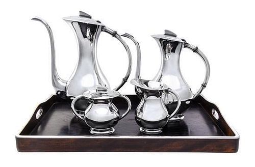 A Japanese-Export Silver Four-Piece Tea and Coffee Set and Matching Tray, 20th Century, comprising a teapot, coffee pot, creamer