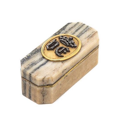 A Gold and Diamond-Mounted Hardstone Snuff Box, Mid 19th Century, rectangular with cut corners, the hinged cover mounted with an