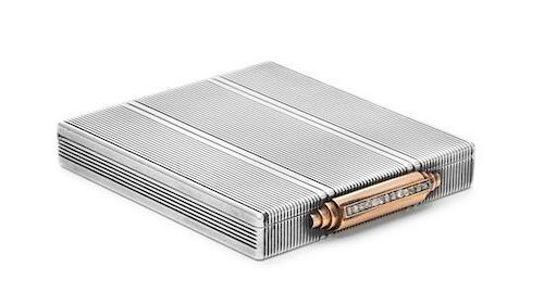 A French Gold and Diamond-Mounted Silver Compact, Boucheron, Paris, Circa 1930, rectangular, decorated overall with incised band