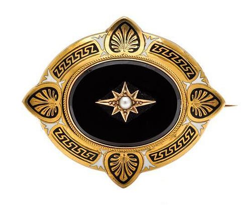 A Victorian Onyx, Pearl and Enamel Mourning Pendant/Brooch, Circa 1868, 8.80 dwts.