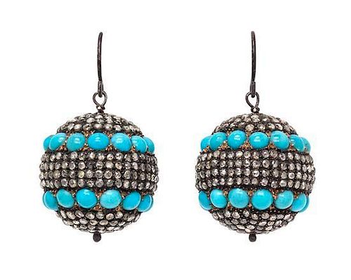 A Pair of Silver, Gold, Diamond and Turquoise Ear Pendants, 12.80 dwts.