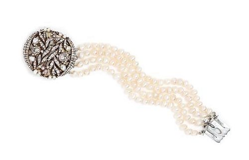A Silver Topped Gold, Diamond and Cultured Pearl Multistrand Bracelet, 28.70 dwts.