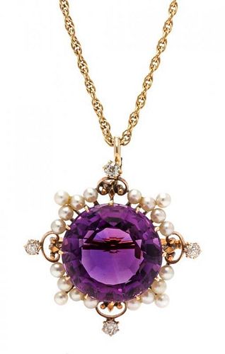 An Edwardian Yellow Gold, Amethyst, Seed Pearl, and Diamond Pendant/Brooch, 6.20 dwts.