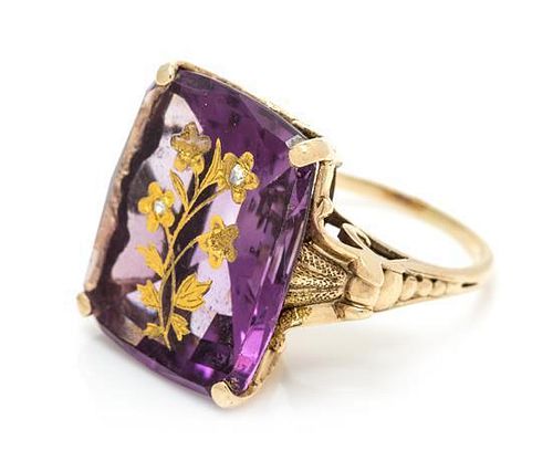 A Yellow Gold, Amethyst and Diamond Ring, 6.30 dwts.