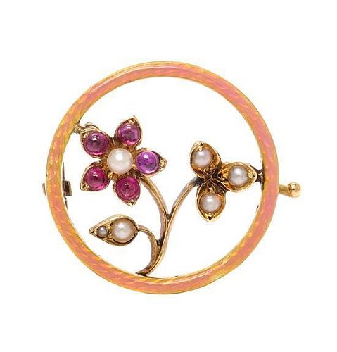 A Yellow Gold, Ruby, Seed Pearl and Enamel Brooch, Fabergé, St. Petersburg, Circa 1890, 3.60 dwts.