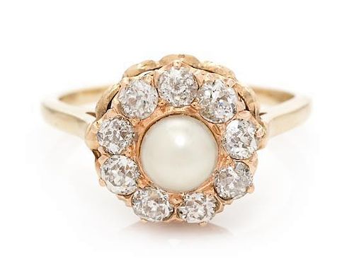 * A Yellow Gold, Pearl and Diamond Ring, 3.40 dwts.