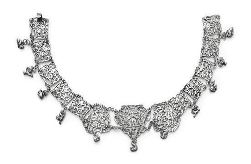 A Victorian Silver Necklace, Rosenthal, Jacob & Co., London, Circa 1900, formed of linked openwork rectangular panels and rococo