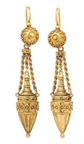* A Pair of Etruscan Revival Yellow Gold Pendant Earrings, French, 4.50 dwts.
