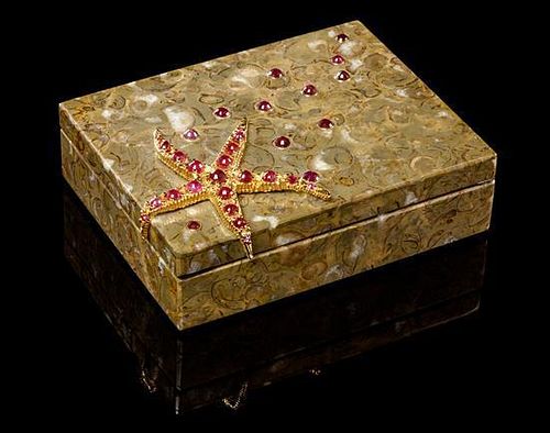 * An Italian Silver-Gilt and Ruby-Mounted Marble Box, Nardi, Venice, 20th Century, the rectangular marble body with hinged cover