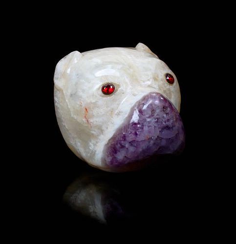 * A Gold-Mounted Amethystine Quartz Figural Snuff Box, Probably German, 19th Century, realistically carved as the head of a pug