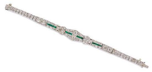 An Art Deco Platinum, Diamond and Emerald Bracelet, 14.00 dwts.