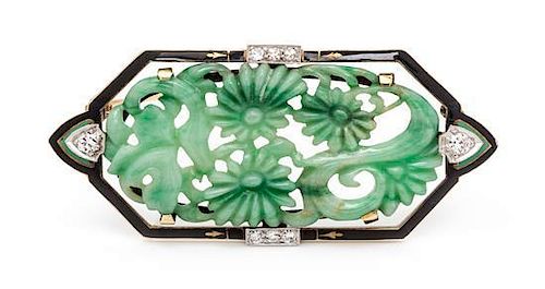 An Art Deco Platinum Topped Gold, Jade, Diamond and Polychrome Enamel Brooch, 7.60 dwts.