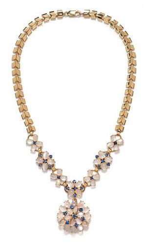A Retro Yellow Gold, Moonstone, and Sapphire Convertible Necklace, Wordley, Allsopp & Bliss, 59.50 dwts.