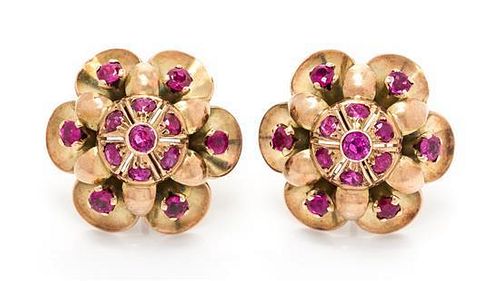 A Pair of Retro Rose Gold and Ruby Earrings, 8.60 dwts.