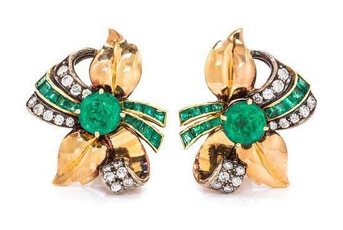 A Pair of Retro Yellow Gold, Emerald and Diamond Earclips, 8.10 dwts.