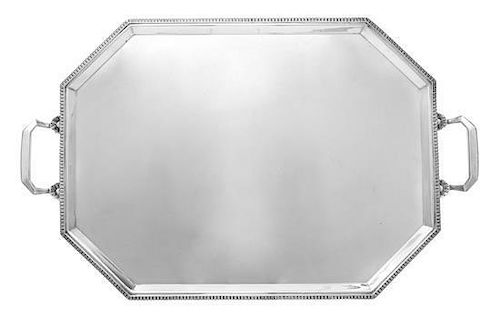 An English Silver Two-Handled Tray, Mappin & Webb, Sheffield, 1933, rectangular with cut-corners and applied egg-and-dart border