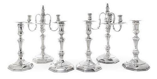 * A Set of Six Large George V Silver Candlesticks and Two Matching Three-Light Branches, C. Shapland & Co., London, 1933-34, fac