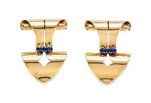 A Pair of Retro Yellow Gold and Sapphire Clip Brooches, Tiffany & Co., 14.10 dwts.
