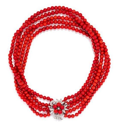 * A White Gold, Diamond and Coral Torsade Necklace, 51.00 dwts.