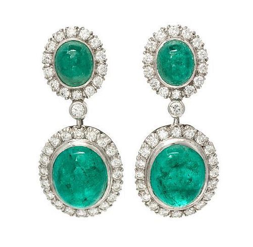 A Pair of Platinum, Emerald and Diamond Convertible Earclips, Circa 1950, 9.20 dwts.